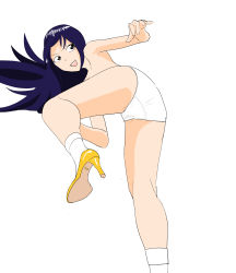Rule 34 | 1990s (style), 1girl, absurdres, agent aika, aika (series), artist request, bad anatomy, blue hair, brown eyes, delmo, female focus, from below, golden delmo, highres, leg lift, legs, long hair, looking down, open mouth, panties, pantyshot, retro artstyle, rie petoriyacowa, simple background, solo, topless, traditional media, underwear, very long hair, white background, white panties