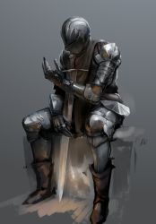 Rule 34 | 1other, androgynous, armor, breastplate, chainmail, commentary, english commentary, full armor, gauntlets, greaves, grey background, helmet, knight, medieval, nisetanaka, original, planted, planted sword, planted weapon, plate armor, sitting, solo, sword, weapon