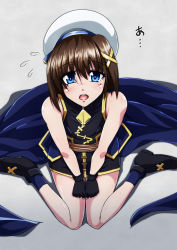 Rule 34 | 1girl, blue eyes, blush, brown hair, grey background, highres, looking at viewer, lyrical nanoha, lyrical nanoha a&#039;s, mahou shoujo lyrical nanoha, open mouth, simple background, solo, tappa (esperanza), yagami hayate