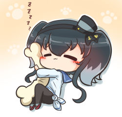 Rule 34 | 1girl, :3, asimo953, black hair, black pantyhose, blue sailor collar, blush, brown background, chibi, closed eyes, closed mouth, commentary request, dress, gradient background, grey hair, hair between eyes, kantai collection, long hair, multicolored hair, hugging object, outline, pantyhose, paw print, paw print background, pillow, pillow hug, red footwear, sailor collar, sailor dress, shoes, sidelocks, sleeping, solo, tokitsukaze (kancolle), two-tone hair, two side up, white background, white dress, white outline, zzz