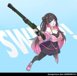 Rule 34 | 1girl, absurdres, apex legends, black camisole, black hair, black pantyhose, black skirt, blue background, boots, breasts, camisole, cleavage, collarbone, colored tips, commission, energy gun, gun, hair bun, hela png, highres, holding, holding gun, holding weapon, medium breasts, multicolored hair, off shoulder, one eye closed, pantyhose, pink footwear, pink hair, pink shirt, rifle, sekai live, shirt, side bun, single side bun, skeb commission, skirt, sniper rifle, solo, trigger discipline, triple take, twitter username, virtual youtuber, weapon, yuugure yuu