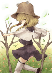 Rule 34 | 1girl, bad id, bad pixiv id, blonde hair, female focus, gradient background, hat, moriya suwako, nature, outdoors, plant, short hair, solo, thighhighs, touhou, urin, white thighhighs, yellow eyes