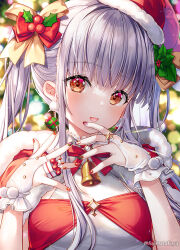 Rule 34 | 1girl, :d, bell, blurry, blurry background, bow, box, breasts, bridal gauntlets, brown eyes, commentary request, depth of field, earrings, fujima takuya, fur-trimmed headwear, fur trim, gift, gift box, grey hair, hair bow, hands up, hat, isekai ni tobasaretara papa ni nattandaga, jewelry, long hair, looking at viewer, nail art, nail polish, neck bell, open mouth, orurea (isepapa), red bow, red hat, santa costume, santa hat, sidelocks, small breasts, smile, solo, tilted headwear, twintails, twitter username, upper body