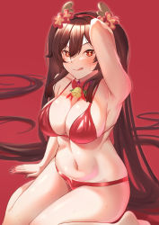 Rule 34 | 1girl, alternate breast size, atelier30, bare shoulders, bikini, blush, breasts, brown hair, cleavage, collarbone, genshin impact, highres, hu tao (genshin impact), large breasts, long hair, looking at viewer, navel, red bikini, red eyes, smile, solo, swimsuit, symbol-shaped pupils, twintails, very long hair