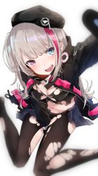 Rule 34 | 1girl, beret, between legs, black hat, black pantyhose, blue eyes, blush, breasts, cellphone, cleavage, flip phone, girls&#039; frontline, gloves, grey hair, hand between legs, hat, heterochromia, highres, holding, holding phone, long hair, mdr (girls&#039; frontline), medium breasts, multicolored hair, navel, open mouth, pantyhose, phone, pink eyes, pink hair, sakippo (sakippo0), selfie, side ponytail, sitting, smile, solo, streaked hair, tactical clothes, torn clothes, torn pantyhose, two-tone hair, wariza