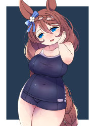 Rule 34 | 1girl, animal ears, arm behind back, blue background, blue eyes, blue one-piece swimsuit, blush, border, bow, braid, breasts, brown hair, collarbone, commentary request, covered navel, cowboy shot, ear bow, hair between eyes, hand on own cheek, hand on own face, head tilt, highres, horoyuki (gumizoku), horse ears, horse girl, large breasts, long hair, looking at viewer, navel, no nose, one-piece swimsuit, open mouth, outside border, shadow, simple background, solo, super creek (umamusume), sweat, swimsuit, tareme, taut clothes, thick thighs, thighs, umamusume, white border