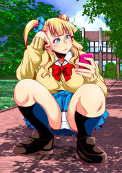 Rule 34 | 1girl, asymmetrical hair, blazer, blonde hair, blue eyes, blue skirt, blunt bangs, blush, bored, bow, bowtie, breasts, cellphone, clothes lift, collared shirt, colored eyelashes, earrings, eyebrows, feet, full-face blush, galko, grass, hair bun, hair ornament, highres, holding, huge breasts, itachou, jacket, jewelry, legs, long hair, long sleeves, looking away, makeup, nail polish, one side up, oshiete! galko-chan, outdoors, panties, pantyshot, phone, pink nails, plaid, plaid skirt, red bow, red bowtie, school, school uniform, shadow, shirt, shoes, side bun, side ponytail, single hair bun, skirt, skirt lift, sky, socks, solo, squatting, thighs, tree, underwear, wavy hair, white panties
