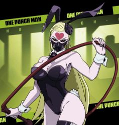 Rule 34 | 1girl, alternate costume, animated, animated gif, blonde hair, bouncing breasts, breasts, cleavage, cuff links, femdom, heart, highleg, holding, holding weapon, holding whip, kaijin hime do-s, large breasts, leotard, long hair, looking at viewer, mask, mouth mask, official alternate costume, one-punch man, playboy bunny, rabbit ears, rabbit tail, solo, very long hair, weapon, whip, wide hips