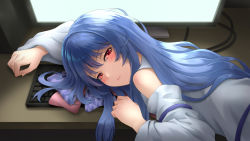 Rule 34 | 1girl, bare shoulders, blue hair, blush, closed mouth, detached sleeves, half-closed eyes, indoors, keyboard (computer), kotonoha aoi, kurione (zassou), long hair, long sleeves, looking at viewer, monitor, red eyes, screen light, solo, upper body, very long hair, voiceroid