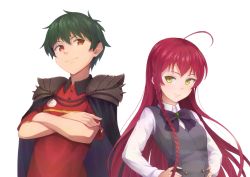 Rule 34 | 1boy, 1girl, ahoge, black neckwear, bow, bowtie, braid, cape, collared shirt, dararito, dress shirt, green eyes, hands on own hips, hataraku maou-sama!, looking at another, looking to the side, maou sadao, red hair, shirt, side braid, simple background, upper body, waistcoat, white background, white shirt, yellow eyes, yusa emi
