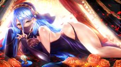 Rule 34 | 1girl, arm support, azura (fire emblem), backless dress, backless outfit, backlighting, blue hair, breasts, commentary request, dress, elbow gloves, eyelashes, feet out of frame, fingerless gloves, fire emblem, fire emblem fates, flower, gloves, hair between eyes, head rest, highres, large breasts, light rays, long hair, looking at viewer, lying, mouth veil, nintendo, on side, petals, purple dress, purple gloves, see-through, shadow, shiny skin, side slit, sidelocks, solo, strapless, thighs, tongari, veil, yellow eyes