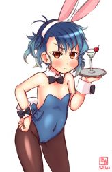 Rule 34 | 1girl, alternate costume, animal ears, artist logo, black neckwear, blue hair, blue leotard, brown eyes, brown pantyhose, cocktail glass, commentary request, covered navel, cup, dated, detached collar, drinking glass, fake animal ears, flat chest, frown, fukae (kancolle), gradient hair, hand on own hip, highres, kanon (kurogane knights), kantai collection, leaning forward, leotard, multicolored hair, pantyhose, playboy bunny, rabbit ears, rabbit tail, short hair, side ponytail, sidelocks, simple background, solo, split mouth, strapless, strapless leotard, tail, tray, white background, wine glass, wrist cuffs
