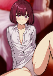 Rule 34 | 1girl, absurdres, arima kana, arm support, bed, blunt bangs, blurry, blurry background, blush, bob cut, closed mouth, collarbone, collared shirt, cowboy shot, dress shirt, highres, indoors, long sleeves, looking at viewer, mintea (65305857), naked shirt, open clothes, open shirt, oshi no ko, panties, red eyes, red hair, shirt, short hair, smile, solo, spread legs, underwear, white panties, white shirt