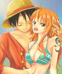 Rule 34 | 1boy, 1girl, absurdres, bikini, bikini top only, breasts, cleavage, hat, highres, himerinco, large breasts, long hair, monkey d. luffy, nami (one piece), one piece, open mouth, orange hair, red eyes, sabaody archipelago, straw hat, swimsuit, tattoo, upper body