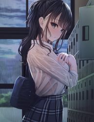 Rule 34 | 1girl, bag, black eyes, black hair, black skirt, blue necktie, blush, bra visible through clothes, closed mouth, commentary request, cowboy shot, from side, frown, getabako, highres, idolmaster, idolmaster shiny colors, indoors, kazano hiori, long sleeves, looking at viewer, looking to the side, mole, mole under eye, necktie, plaid, plaid skirt, ponytail, rain, school bag, school uniform, see-through, shirt, skirt, solo, striped necktie, striped neckwear, turisasu, wet, wet clothes, wet shirt, window