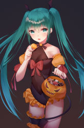 Rule 34 | 1girl, absurdres, alternate costume, ame 816, aqua eyes, aqua hair, bare shoulders, basket, bat hair ornament, black choker, blush, bow, breasts, candy, choker, collarbone, commentary, costume, cowboy shot, detached sleeves, fake tail, fang, female focus, food, foreshortening, frilled sleeves, frills, green eyes, hair ornament, halloween, halloween bucket, halloween costume, hand up, hatsune miku, head wings, highres, holding, holding basket, jack-o&#039;-lantern, large breasts, leotard, lollipop, long hair, looking at viewer, matching hair/eyes, necktie, open mouth, puffy short sleeves, puffy sleeves, pumpkin, red bow, short sleeves, skirt, smile, solo, tail, thighhighs, twintails, very long hair, vocaloid, wings