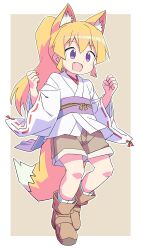 Rule 34 | 1girl, :d, animal ears, blonde hair, blush, boots, brown background, brown footwear, brown shorts, commentary request, fang, fox ears, fox girl, fox tail, full body, hair between eyes, highres, japanese clothes, kimono, long hair, long sleeves, looking away, obi, open mouth, original, ponytail, purple eyes, ribbon-trimmed sleeves, ribbon trim, roku no hito, sash, shorts, smile, socks, solo, tail, two-tone background, very long hair, white background, white kimono, white socks, wide sleeves