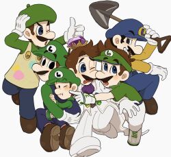 Rule 34 | 1boy, apron, baby luigi, blue overalls, brown hair, crown, facial hair, full body, gem, gloves, green shirt, highres, luigi, luigi&#039;s mansion, luigi (painter), male focus, mario (series), mario golf, mario golf: super rush, mario kart, mario kart tour, mimimi (mimimim9999), multiple persona, mustache, nintendo, open mouth, overalls, shirt, short hair, super mario bros.: peach-hime kyushutsu dai sakusen!