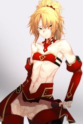 Rule 34 | 1girl, abs, bare shoulders, blonde hair, blush, bottomless, breasts, collarbone, covering privates, covering crotch, detached sleeves, fate/apocrypha, fate (series), green eyes, highres, i-pan, long hair, mordred (fate), mordred (fate/apocrypha), ponytail, small breasts, solo, swimsuit, thighhighs