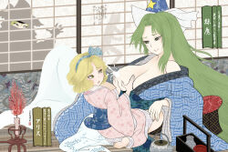 3girls alice_margatroid alice_margatroid_(pc-98) bare_shoulders blonde_hair blue_hat blue_headband blue_kimono breasts candle candlestand cat character_name cloritin commentary_request erection fine_art_parody ghost_tail grabbing_another&#039;s_breast green_eyes green_hair groping hat headband japanese_clothes kimono kirisame_marisa lactation large_breasts mima_(touhou) multiple_girls nihonga obi open_mouth parody peeking pink_kimono sash shouji shunga silhouette sliding_doors smile touhou translation_request ukiyo-e voyeurism wizard_hat yellow_eyes yuri