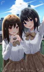Rule 34 | 2girls, absurdres, arm up, black hair, blonde hair, blue eyes, blush, bow, bowtie, breasts, building, cloud, cloudy sky, eyes visible through hair, hair ornament, hairclip, heart, heart hands, highres, kimae, large breasts, long hair, long sleeves, looking at viewer, multiple girls, open mouth, original, outdoors, red eyes, school uniform, shirt, sky, smile, upper body, white shirt, yellow eyes, yellow shirt