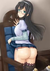 Rule 34 | 1girl, ass, black hair, blue skirt, breasts, clothes lift, green eyes, hairband, indoors, kantai collection, lace, lace-trimmed legwear, lace trim, lifting own clothes, long hair, long sleeves, miniskirt, on chair, ooyodo (kancolle), ooyodo kai (kancolle), oyabun (higashi), panties, pleated skirt, purple thighhighs, semi-rimless eyewear, shirt, side-tie panties, skirt, skirt lift, small breasts, smile, solo, thighhighs, under-rim eyewear, underwear, white hairband, white shirt