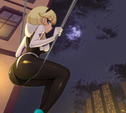 Rule 34 | 1girl, animification, ass, ass support, blonde hair, bodysuit, building, city, from below, gwen stacy, hairband, hood, hooded bodysuit, kuroonehalf, looking at viewer, marvel, moon, night, night sky, silk, sitting, sky, smile, solo, spandex, spider-girl, spider-gwen, spider-man (series), spider web, spider web print