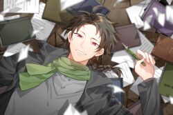 Rule 34 | 1boy, black jacket, book, braid, brown hair, chinese commentary, commentary request, green scarf, grey shirt, grin, harada minoru, holding, holding pen, jacket, light particles, long sleeves, lying, male focus, on back, open clothes, open jacket, paper, pen, red eyes, saibou shinkyoku, sakuraihum, scar, scar on face, scar on forehead, scarf, shirt, side braid, smile, solo