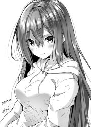 Rule 34 | 1girl, breasts, closed mouth, copyright request, dated, drawstring, greyscale, hair between eyes, highres, hood, hood down, hoodie, long hair, medium breasts, mokufuu, monochrome, signature, simple background, smile, solo, upper body, very long hair, white background