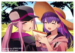 Rule 34 | black jacket, blue sky, bow, fate/grand order, fate (series), food, grass, hair bow, happy, hat, holding, holding food, hood, hoodie, jacket, long hair, matou sakura, medusa (fate), medusa (saber) (fate), meiji ken, open mouth, overalls, pink bow, pink hoodie, ponytail, purple hair, sandwich, sidelocks, sky, smile, straw hat, tree
