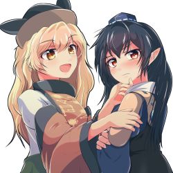 Rule 34 | 2girls, :d, black hair, blonde hair, blue headwear, blush, closed mouth, detached sleeves, fingernails, hand on another&#039;s chin, hansode32, hat, highres, iizunamaru megumu, light blush, light frown, long hair, looking at another, looking at viewer, matara okina, multiple girls, open mouth, pointy ears, red eyes, simple background, smile, tabard, tokin hat, touhou, upper body, white background, wide sleeves, yellow eyes