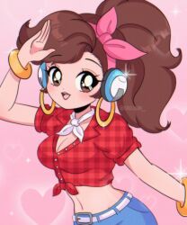 Rule 34 | 1990s (style), 1girl, absurdres, animification, ascot, belt, blizzard (company), blue pants, blush, bracelet, breasts, brown eyes, brown hair, chellyko, cleavage, d.va (overwatch), denim, earrings, hairband, headphones, heart, heart background, highres, jeans, jewelry, large breasts, long hair, looking at viewer, midriff, navel, open mouth, overwatch, pants, pink background, plaid, plaid shirt, ponytail, puffy sleeves, red shirt, retro artstyle, salute, shirt, short sleeves, smile, sparkle, standing, teeth, tied shirt, white ascot, white belt