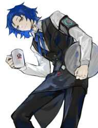 Rule 34 | 1boy, apron, armband, black apron, black pants, black vest, blue bow, blue bowtie, blue hair, bow, bowtie, chesed (project moon), closed mouth, cup, holding, holding cup, holding tray, leaning forward, lobotomy corporation, long sleeves, looking at viewer, mug, nishikujic, pants, project moon, shirt, simple background, smile, solo, tray, vest, waiter, white background, white shirt