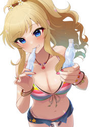 Rule 34 | 1girl, absurdres, bare shoulders, bikini, bikini under clothes, blonde hair, blue eyes, blue shorts, blush, bracelet, breasts, cleavage, collarbone, colored stripes, cowboy shot, drinking, fingernails, flower, hair flower, hair ornament, halterneck, highres, holding, idolmaster, idolmaster cinderella girls, jewelry, large breasts, long fingernails, long hair, nail polish, navel, necklace, ohtsuki yui, open clothes, open fly, open shorts, parted lips, pink nails, ponytail, sakura ran, short shorts, shorts, side-tie bikini bottom, sidelocks, simple background, smile, solo, stomach, string bikini, striped bikini, striped clothes, swept bangs, swimsuit, wavy hair, white background, yellow flower