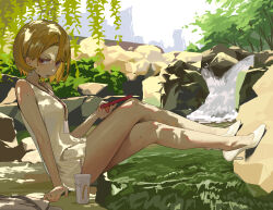 Rule 34 | 1girl, blonde hair, cellphone, commentary request, crossed legs, cup, dress, forest, highres, holding, holding phone, lanyard, legs, looking at viewer, mcdonald&#039;s, nature, original, outdoors, phone, red eyes, sekoshi (some1else45), shoes, short hair, sitting, sleeveless, sleeveless dress, solo, some1else45, thighs, water, waterfall, white dress, white footwear