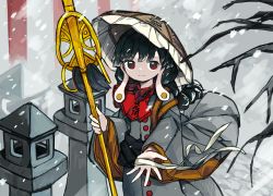 Rule 34 | 1girl, absurdres, black hair, black sash, branch, brown hat, buttons, capelet, clothes writing, commentary request, cowboy shot, dress, earrings, grey dress, hat, highres, holding, holding staff, jewelry, light smile, long earlobes, long hair, long sleeves, looking at viewer, neruzou, outdoors, partial commentary, reaching, reaching towards viewer, red capelet, red eyes, sash, shakujou, snow, snowing, solo, staff, standing, stone lantern, touhou, wide sleeves, winter, yatadera narumi