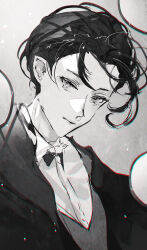 Rule 34 | 1boy, :|, absurdres, bow, bowtie, closed mouth, collared shirt, expressionless, fate/grand order, fate (series), floating hair, formal, greyscale, hair behind ear, highres, jacket, looking at viewer, majamari, male focus, monochrome, open clothes, open jacket, portrait, sherlock holmes (fate), shirt, short hair, solo, traditional bowtie