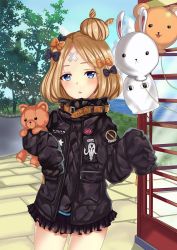 Rule 34 | 1girl, abigail williams (fate), abigail williams (traveling outfit) (fate), balloon, black bow, black jacket, blonde hair, blue eyes, blue sky, blush, bow, cloud, commentary request, day, fate/grand order, fate (series), hair bow, hair bun, hands up, head tilt, horizon, jacket, long hair, long sleeves, looking at viewer, medjed (fate), hugging object, ocean, official alternate costume, orange bow, outdoors, parted bangs, parted lips, phone booth, polka dot, polka dot bow, single hair bun, sky, sleeves past fingers, sleeves past wrists, solo, standing, star (symbol), stuffed animal, stuffed toy, teddy bear, tree, water, wu ji miao
