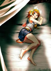 Rule 34 | 1girl, aqua eyes, bare arms, bare legs, barefoot, bed, blonde hair, blue eyes, bow, breasts, brother and sister, crop top, crying, crying with eyes open, hair bow, hair ornament, hairclip, headphones, headset, kagamine len, kagamine rin, looking back, lying, midriff, on side, open mouth, pillow, sailor collar, sawashi (ur-sawasi), scared, shadow, shirt, short hair, shorts, siblings, silhouette, sleeveless, sleeveless shirt, small breasts, solo focus, tears, twins, vocaloid, yellow neckwear