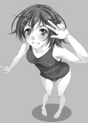 Rule 34 | 1girl, bad id, bad pixiv id, barefoot, blush, collarbone, face, foreshortening, greyscale, grin, hair ornament, hairclip, highres, hirasawa yui, k-on!, monochrome, mukunokino isshiki, one-piece swimsuit, school swimsuit, smile, solo, swimsuit, v