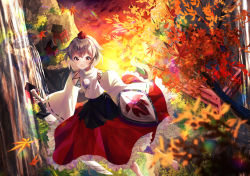 Rule 34 | 1girl, absurdres, architecture, black skirt, blurry, blurry foreground, frilled skirt, frills, hat, highres, holding, holding shield, holding sword, holding weapon, inubashiri momiji, leaf, leaf print, long sleeves, maple leaf, maple leaf print, nettian51, open mouth, outdoors, red eyes, red hat, red skirt, shield, shirt, short hair, skirt, sky, solo, sword, tokin hat, touhou, tree, two-tone skirt, water, waterfall, weapon, white hair, white shirt