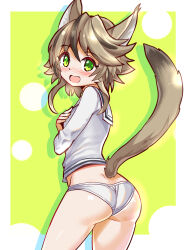 Rule 34 | 1girl, animal ears, ass, blush, brown hair, commentary, commission, cougar (cougar1404), covering privates, crotch seam, from behind, frown, green eyes, long sleeves, looking at viewer, looking back, no pants, open mouth, original, panties, sailor collar, sailor shirt, shadow, shirt, short hair, solo, standing, tail, underwear, wedgie, white panties, white sailor collar, white shirt