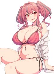Rule 34 | azur lane, bikini, breasts, bremerton (azur lane), cleavage, curvy, garukichi, highres, jewelry, large breasts, looking at viewer, navel, navel piercing, necklace, open mouth, partially undressed, piercing, pink bikini, pink hair, red eyes, shiny skin, side-tie bikini bottom, sitting, solo, swimsuit, thick thighs, thighs