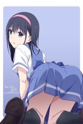 Rule 34 | 1girl, all fours, ass, black hair, blue eyes, blue sailor collar, blue skirt, closed mouth, dated, dress, headband, highres, long hair, looking at viewer, looking back, nii manabu, original, outside border, pinafore dress, pleated skirt, sailor collar, shirt, short sleeves, signature, simple background, skirt, sleeveless, sleeveless dress, solo, split mouth, white shirt