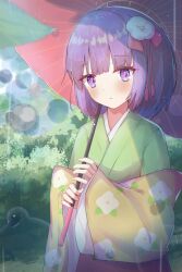 Rule 34 | 1girl, absurdres, closed mouth, commentary request, commission, floral print, flower, green kimono, hair flower, hair ornament, hieda no akyuu, highres, holding, holding umbrella, japanese clothes, kimono, long sleeves, looking at viewer, matcha yado, outdoors, purple eyes, purple hair, red flower, red umbrella, short hair, skeb commission, solo, touhou, umbrella, upper body, wide sleeves