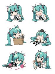 Rule 34 | ..., 1girl, :&lt;, absurdres, ahoge, animal, animal ear fluff, animal ears, animal on head, bag, black cat, black footwear, black skirt, black sleeves, blue neckwear, blush, blush stickers, boots, box, cardboard box, cat, cat ears, chibi, closed eyes, closed mouth, commentary request, detached sleeves, drooling, food, food in mouth, green eyes, green hair, grey shirt, hair between eyes, hatsune miku, highres, holding, holding bag, holding food, ika (4801055), in box, in container, kemonomimi mode, knee boots, long hair, long sleeves, looking at viewer, lying, mouth drool, mouth hold, multiple views, on back, on head, paper bag, pleated skirt, shirt, simple background, skirt, sleeping, sleeveless, sleeveless shirt, spoken ellipsis, taiyaki, tears, teeth, tie clip, twintails, upper teeth only, very long hair, vocaloid, wagashi, white background, white cat, yarn, yarn ball, yawning