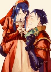 Rule 34 | 1boy, 1girl, artist request, blue hair, blush, cape, carrying, closed eyes, dress, father and daughter, fire emblem, fire emblem: the binding blade, fire emblem: the blazing blade, fire emblem heroes, gift, gloves, hat, hector (fire emblem), hector (valentine) (fire emblem), lilina (fire emblem), lilina (valentine) (fire emblem), long hair, nintendo, short hair, simple background, smile