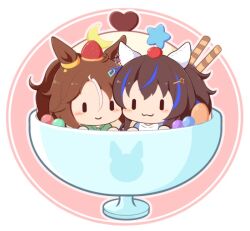 Rule 34 | 2girls, :3, blue hair, blush stickers, brown hair, cherry, chibi, closed mouth, crescent, cup, daitaku helios (umamusume), fang, fang out, food, fruit, gomashio (goma feet), green shirt, hair between eyes, hair ornament, hairclip, heart, in container, in cup, mejiro palmer (umamusume), mini person, minigirl, multicolored hair, multiple girls, parted bangs, pink background, ponytail, raglan sleeves, shirt, side ponytail, smile, star (symbol), star hair ornament, strawberry, streaked hair, two-tone background, umamusume, wafer stick, white background, white hair, white shirt, | |