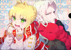 Rule 34 | 1boy, 1girl, :d, ahoge, aran sweater, black gloves, black jacket, blonde hair, blue eyes, braid, breath, cable knit, earrings, facial hair, fate/apocrypha, fate/extra, fate (series), fingerless gloves, forehead, gloves, green eyes, hair between eyes, hair bun, hair intakes, hands up, highres, jacket, jewelry, koshiro itsuki, light brown hair, long sleeves, mustache, nail polish, nero claudius (fate), nero claudius (fate) (all), nero claudius (fate/extra), open mouth, parted bangs, red nails, red scarf, ribbed sweater, round teeth, scarf, sidelocks, single hair bun, smile, sparkle, sweater, teeth, upper body, upper teeth only, vlad iii (fate/apocrypha), white gloves, white sweater