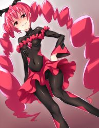 Rule 34 | 10s, 1girl, bad end happy, bad end precure, bad id, bad pixiv id, black bodysuit, bodysuit, covered navel, dark persona, from below, hand on own hip, long hair, pink hair, precure, red eyes, skin tight, skirt, smile, smile precure!, solo, takabow, tiara, twintails